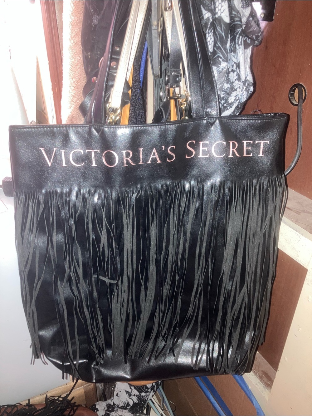 Victoria's Secret Black Tote with Fringe and Pink Logo